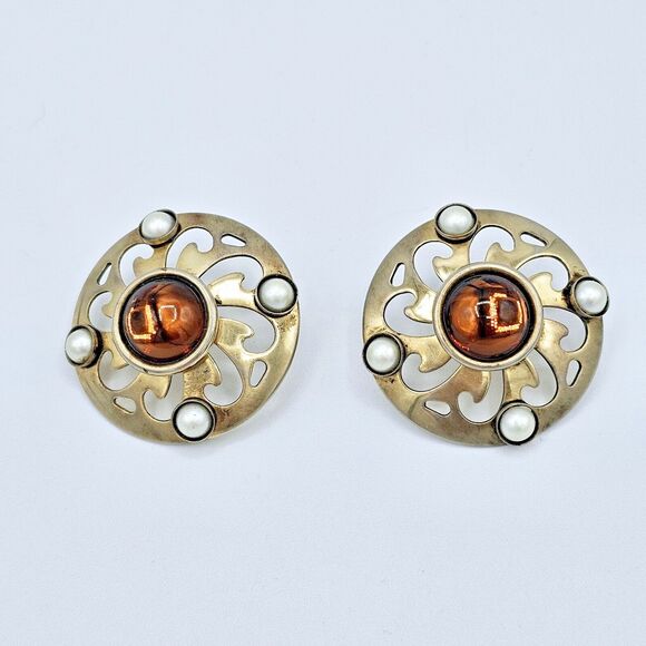 Vintage Scandinavian Earrings 10K GP Scroll Viking Lucite Pearl Estate Jewelry - Picture 4 of 9